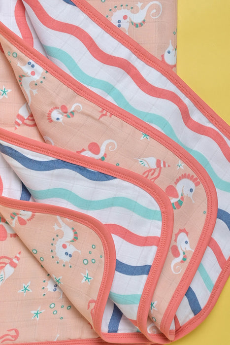 Kaarpas Premium Organic Cotton Muslin 3 Layered Quilt Baby Blanket With Aqua Theme Of Seahourse, Peach (Size : 92cm X 92cm )