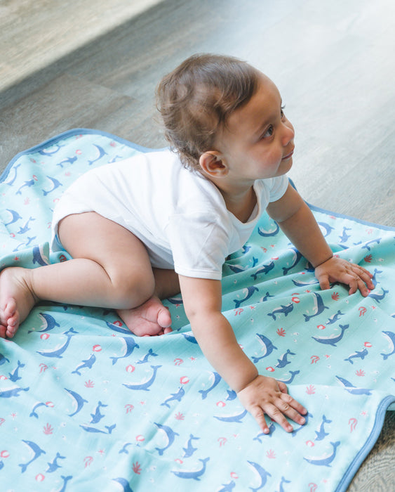 Kaarpas Premium Organic Cotton Muslin 3 Layered Quilt Baby Blanket With Aqua Theme Of Dolphin, Grey (Size : 92cm X 92cm )