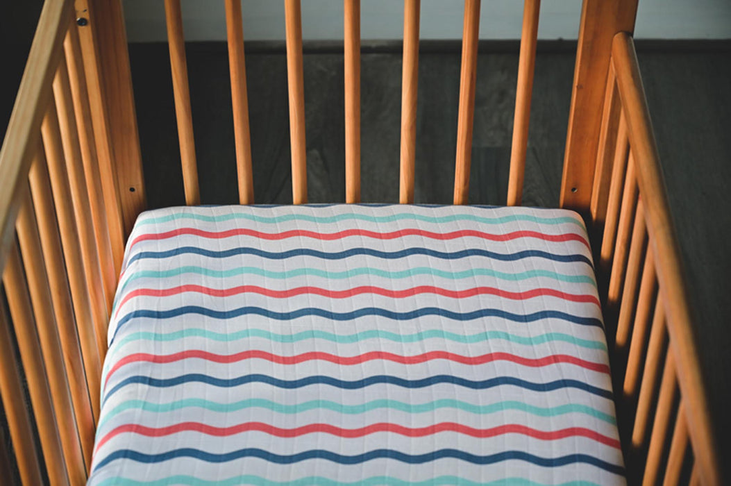 Kaarpas Premium Organic Cotton Muslin Fitted Cot Crib Sheet with Aqua Theme of Waves (Size : 132 x 68 x 20 cm)