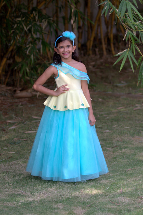 One Shouldered Fish Gown with attached Ruffle Sash