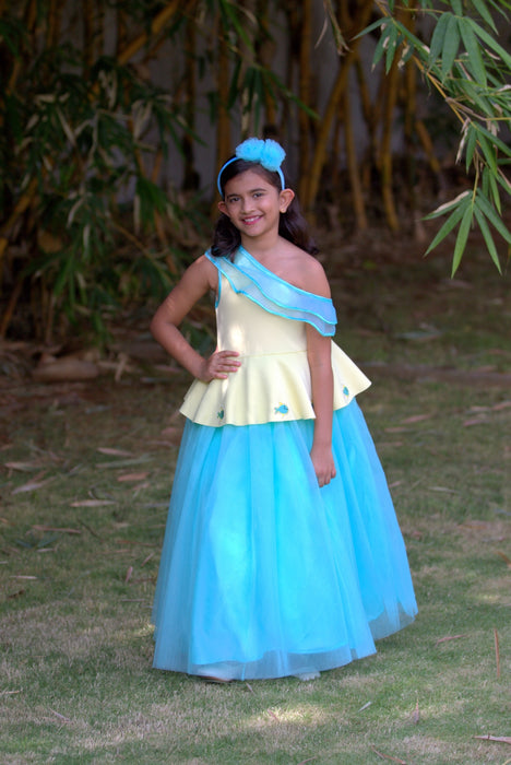 One Shouldered Fish Gown with attached Ruffle Sash