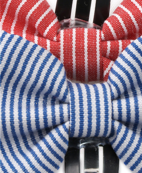 Striped Bow Hair Clip Set - Red & Blue