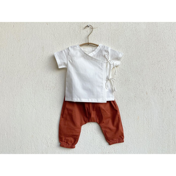 Unisex Organic Essential White Print Angarakha Top With Red Pants