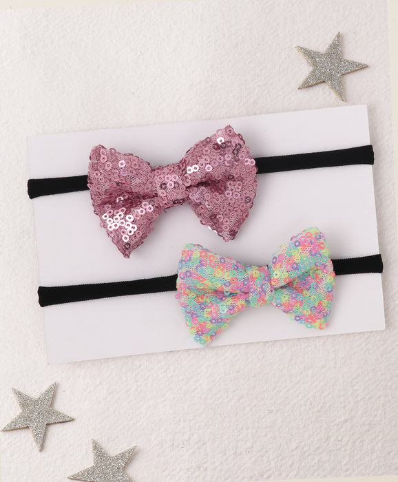 Sequinned Party Bow Headband Set - Pink & Multi-Colored