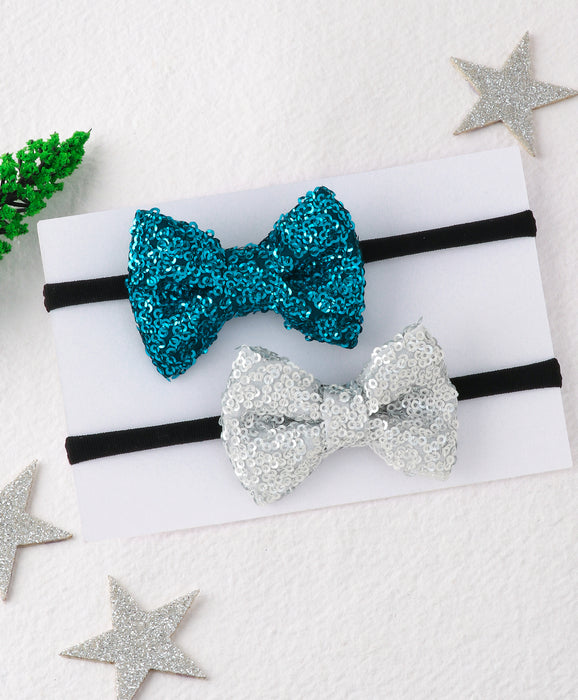 Sequinned Party Bow Headband Set - Blue & White