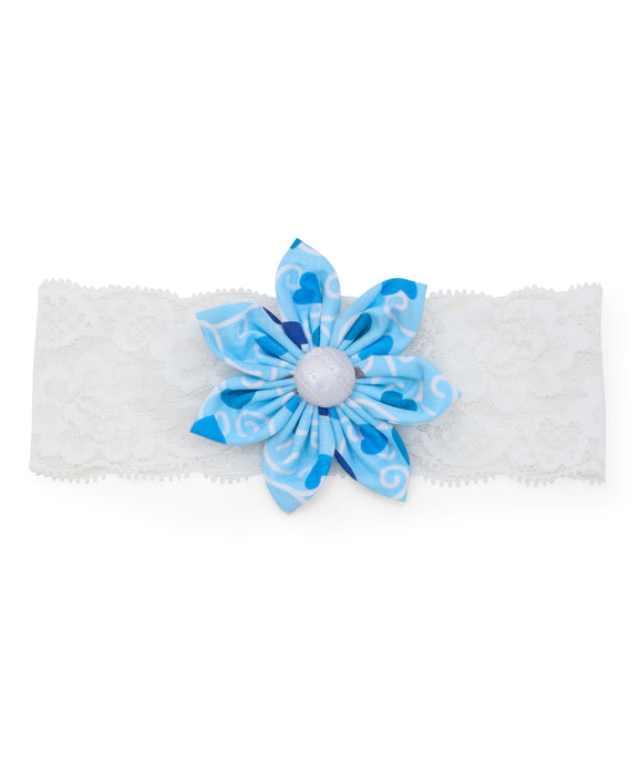 Heart Print Big Flower Headband - Blue