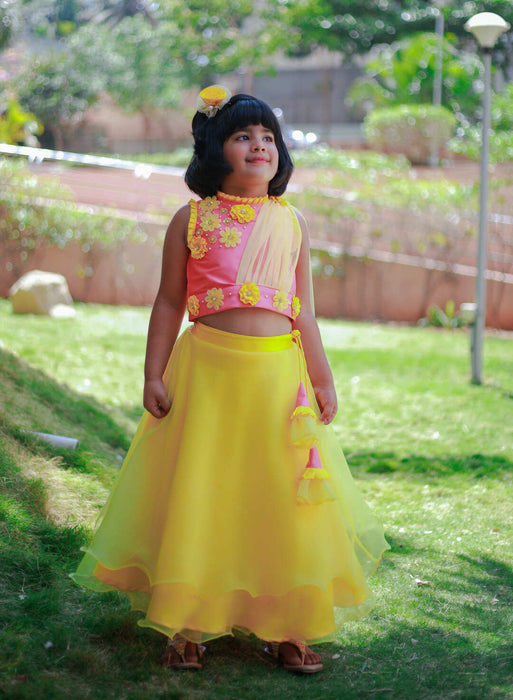 Pink 3D flower top with attached yellow dupatta and Lehenga