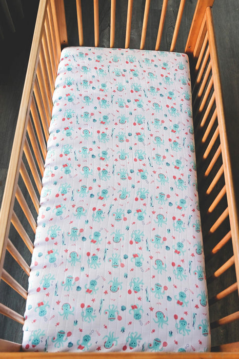 Kaarpas Premium Organic Cotton Muslin Fitted Cot Crib Sheet with Aqua Theme of Octopus (Size : 120 x 60 x 20 cm)