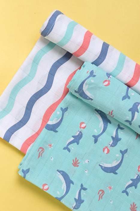 Kaarpas Premium Organic Muslin Baby Wrap Swaddle With Aqua Theme Of Dolphin and waves, Multicolor (Size : 120cm X 120cm ), PACK OF 2