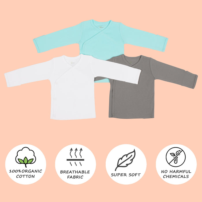 Kaarpas Premium Organic Cotton Front Open Side Snap Long | Full Sleeves T-Shirt | Jhabla, Pack of 3, White, Grey & Turquoise