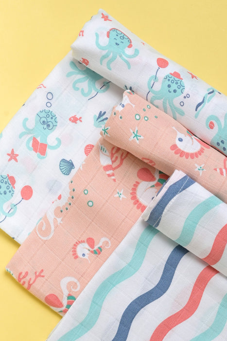 Kaarpas Premium Organic Muslin Baby Wrap Swaddle With Aqua Theme Of Octopus, Sea-horse and Waves (Size : 92cm X 92cm ), PACK OF 3