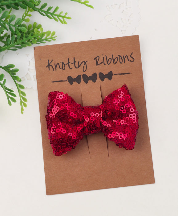 Sequin Party Bow Alligator Clip- Red