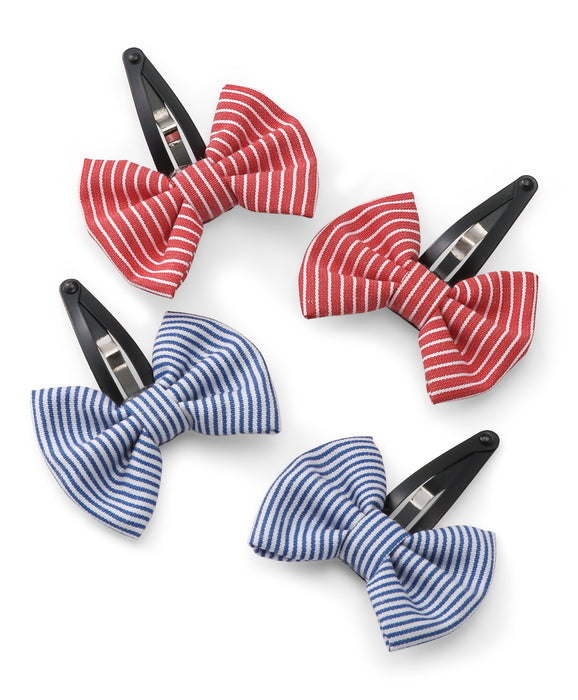 Striped Bow Hair Clip Set - Red & Blue