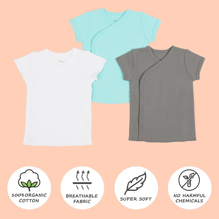 Kaarpas Premium Organic Cotton Front open Side snap Half | Short sleeves T-Shirt | Jhabla, Pack of 3, White, Grey & Turquoise