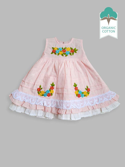 Keebee Organic Cotton Embroidered Girls Bell Dress - Pink