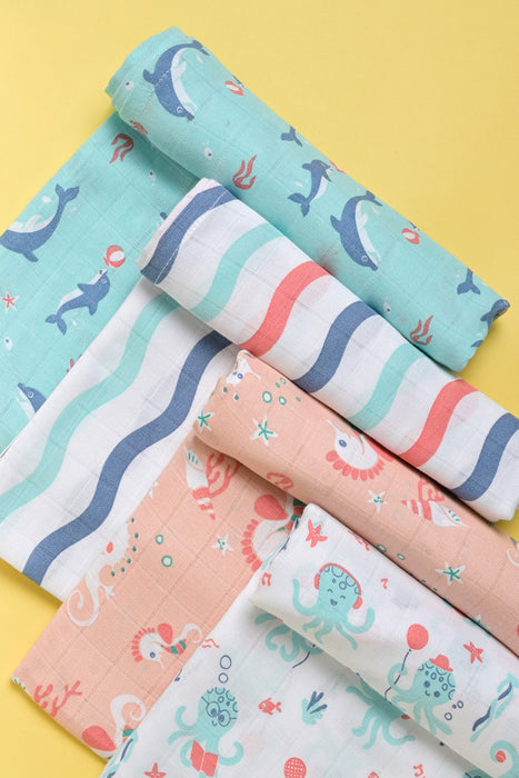 Kaarpas Premium Organic Muslin Baby Wrap Swaddle With Aqua Theme Of Octopus, Sea-horse, Dolphin and Waves (Size : 120cm X 120cm ), PACK OF 4