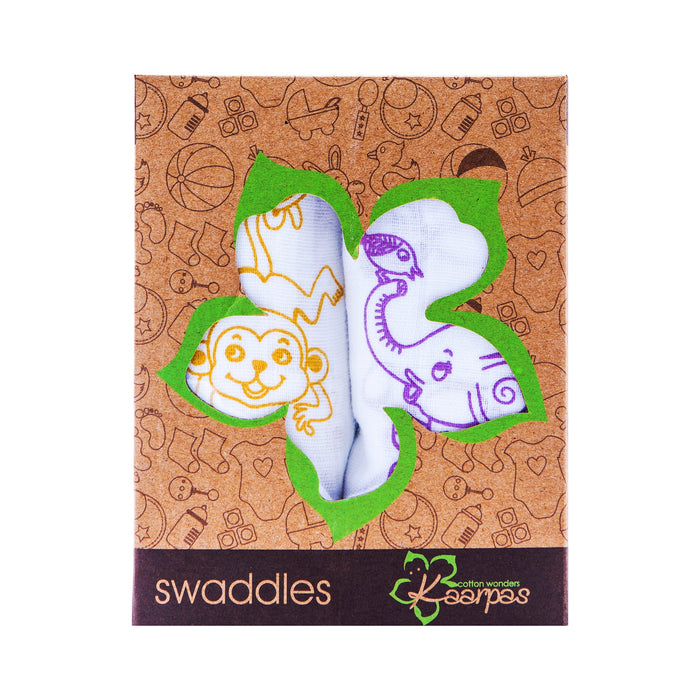 Kaarpas premium Organic Cotton Muslin Baby Wrap Swaddle With Animal Theme of Monkey and Elephant, Pack of 2, (Medium 92x92 CM)