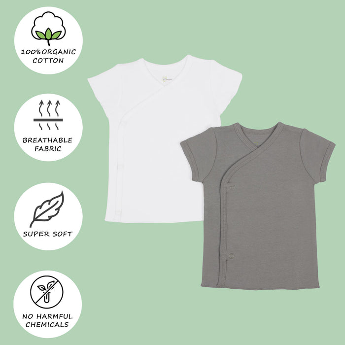 Kaarpas Premium Organic Cotton Front open Side snap Half | Short sleeves T-Shirt | Jhabla, White & Grey, pack of 2