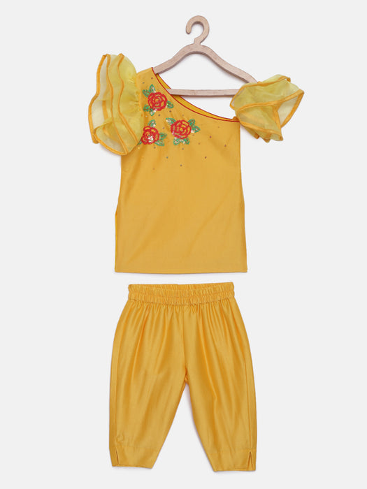 One shoulder yellow ruffle kurta with pants