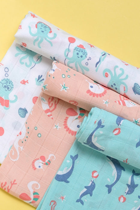 Kaarpas Premium Organic Muslin Baby Wrap Swaddle With Aqua Theme Of Octopus, Sea-horse and Dolphin (Size : 120cm X 120cm ), PACK OF 3
