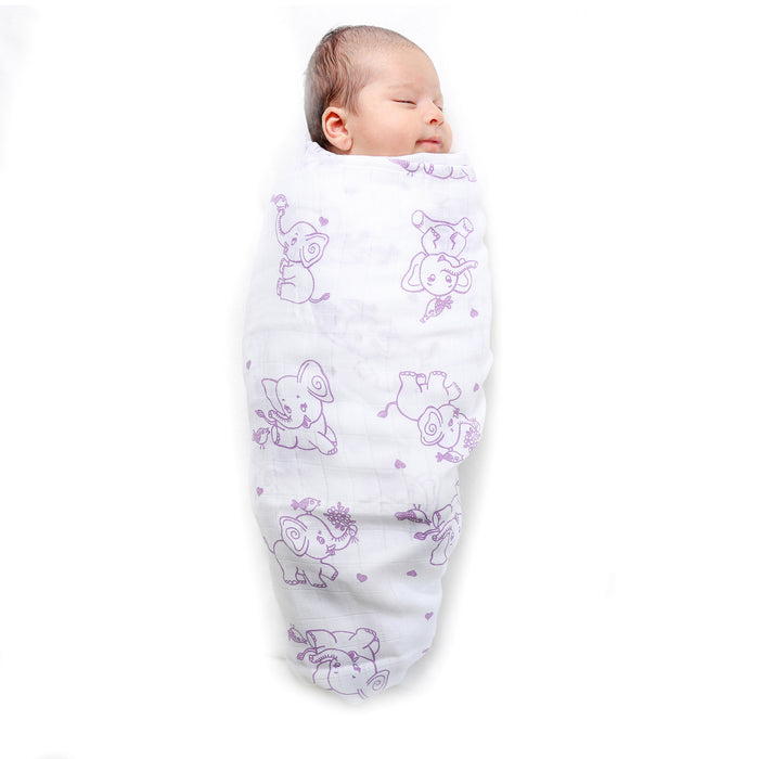 Kaarpas Premium Organic Cotton Muslin Baby Wrap Swaddle with Animal Theme of Elephant, (Large 120x120 CM)