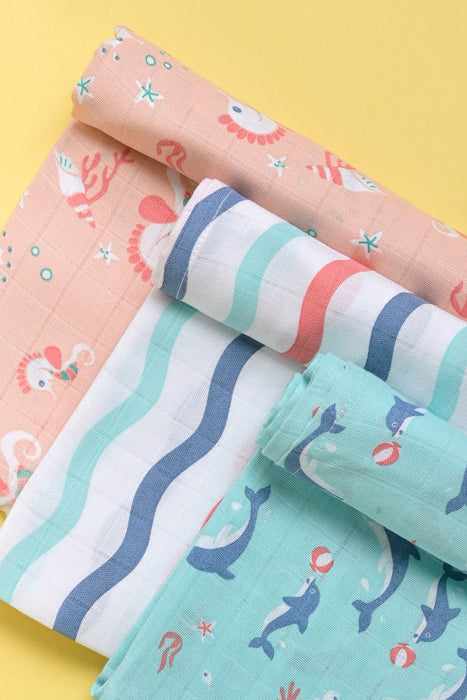 Kaarpas Premium Organic Muslin Baby Wrap Swaddle With Aqua Theme Of Sea-horse, Dolphin and Waves (Size : 120cm X 120cm ), PACK OF 3