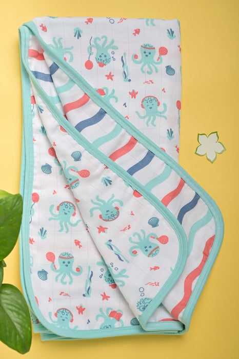 Kaarpas Premium Organic Cotton Muslin 3 Layered Quilt Baby Blanket With Aqua Theme Of Octopus, Turquoise (Size : 92cm X 92cm )