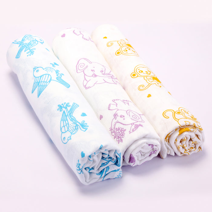 Kaarpas premium Organic Cotton Muslin Baby Wrap Swaddle With Animals  of Monkey, Elephant and Sparrow, Pack of 3, (Large 120x120 CM)