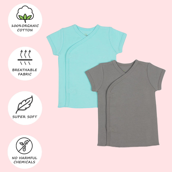 Kaarpas Premium Organic Cotton Front open Side snap Half | Short sleeves T-Shirt | Jhabla, Grey & Turquoise, pack of 2