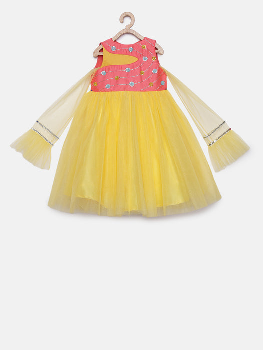 Pink yellow tulle gown with sequins work along dupatta