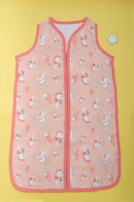 Kaarpas Premium Organic Cotton 2- Layer Muslin Baby Sleeping Bag with Aqua Theme of Seahourse, (Peach)