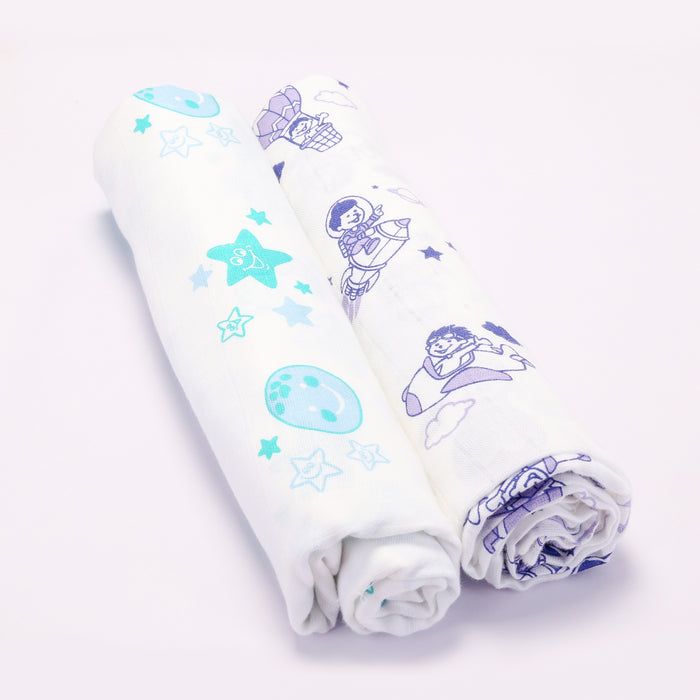 Kaarpas premium Organic Cotton Muslin Baby Wrap Swaddle With Sky Theme of Moon and Parachute, Pack of 2, (Large 120x120 CM)