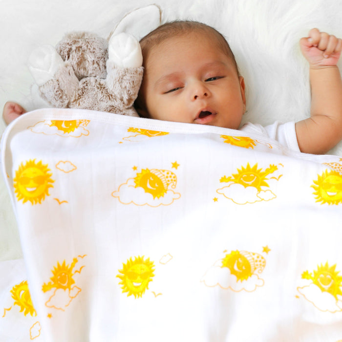 Kaarpas Premium Organic Cotton Muslin 3 Layered Quilt Blanket with Sky Theme of Sun, (Large : 120x120 CM)