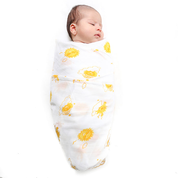 Kaarpas Premium Organic Cotton Muslin Baby Wrap Swaddle With Sky Theme of Sun, (Medium 92x92 CM)