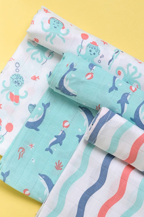 Kaarpas Premium Organic Muslin Baby Wrap Swaddle With Aqua Theme Of Octopus, Dolphin and Waves (Size : 92cm X 92cm), PACK OF 3