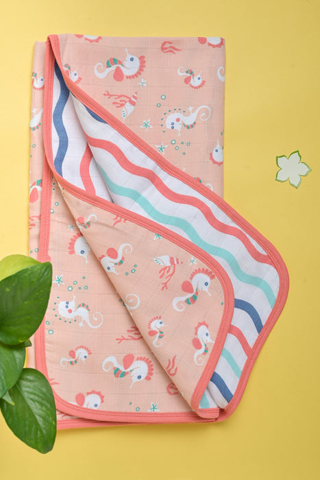 Kaarpas Premium Organic Cotton Muslin 3 Layered Quilt Baby Blanket With Aqua Theme Of Seahourse, Peach (Size : 120cm X 120cm )