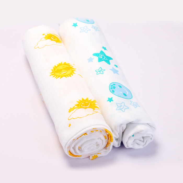 Kaarpas premium Organic Cotton Muslin Baby Wrap Swaddle With Sky Theme of Sun and Moon, Pack of 2, (Large 120x120 CM)