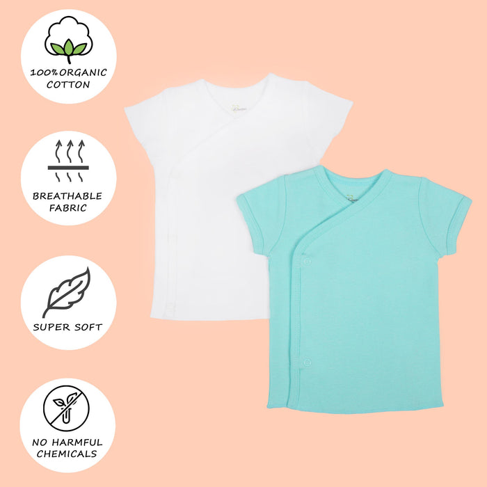 Kaarpas Premium Organic Cotton Front open Side snap Half | Short sleeves T-Shirt | Jhabla, White & Turquoise, pack of 2