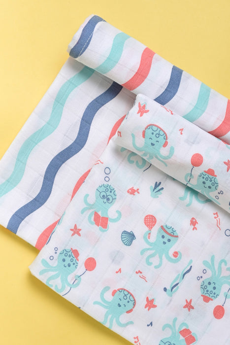 Kaarpas Premium Organic Muslin Baby Wrap Swaddle With Aqua Theme Of Octopus and waves, Multicolor (Size : 120cm X 120cm ), PACK OF 2