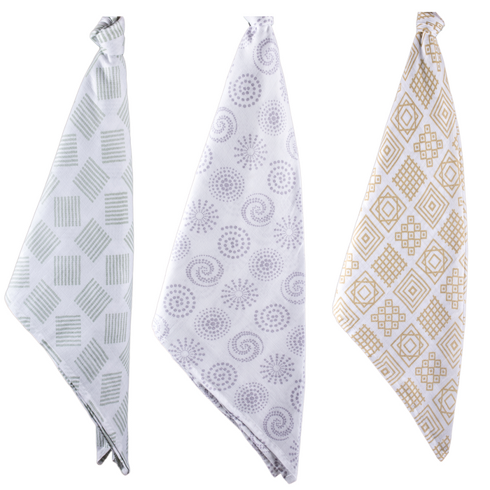 Kaarpas Premium Organic Cotton Muslin Baby Wrap Swaddle with Charming Patterns of Lines, Circles & Squares, Pack of 3, (Medium 92x92 CM)