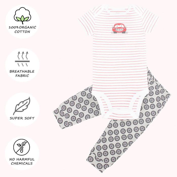 Kaarpas Organic Cotton Baby 2-Piece Car and the Wheels print Onesie/Bodysuit Pant Set - (Red & Grey)