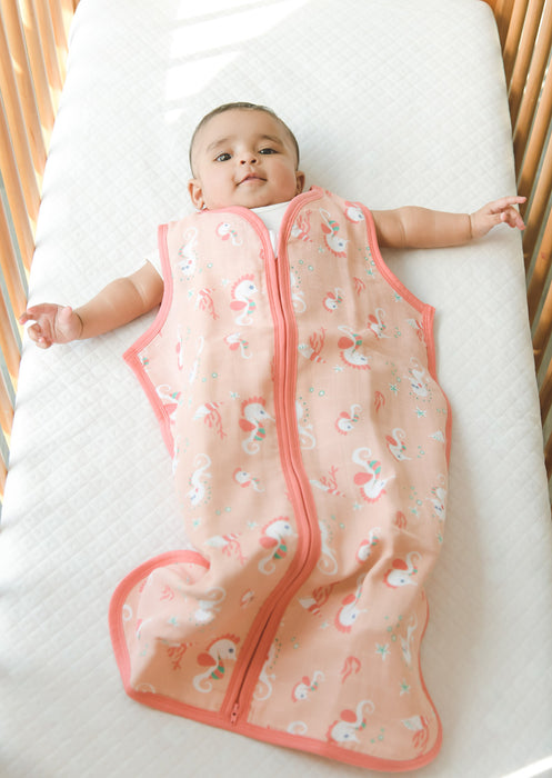 Kaarpas Premium Organic Cotton 2- Layer Muslin Baby Sleeping Bag with Aqua Theme of Seahourse, (Peach)