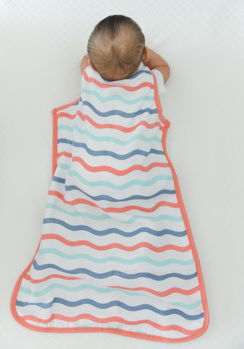 Kaarpas Premium Organic Cotton 2- Layer Muslin Baby Sleeping Bag with Aqua Theme of Waves, (Multicolor)