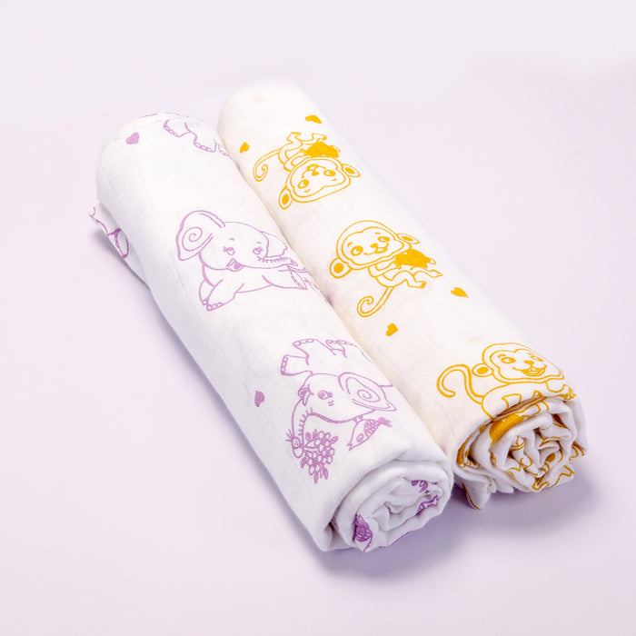 Kaarpas premium Organic Cotton Muslin Baby Wrap Swaddle With Animal Theme of Monkey and Elephant, Pack of 2, (Medium 92x92 CM)