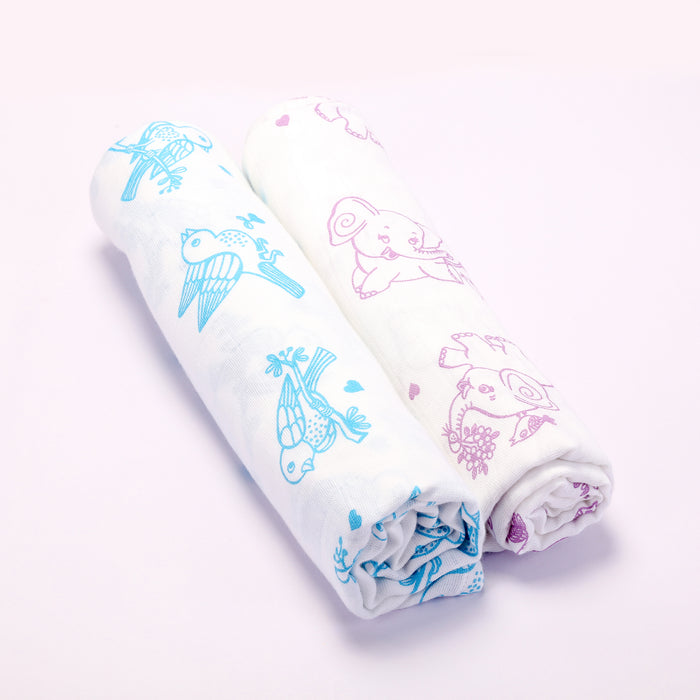 Kaarpas premium Organic Cotton Muslin Baby Wrap Swaddle With Animal Theme of Elephant and Sparrow, Pack of 2, (Medium 92x92 CM)