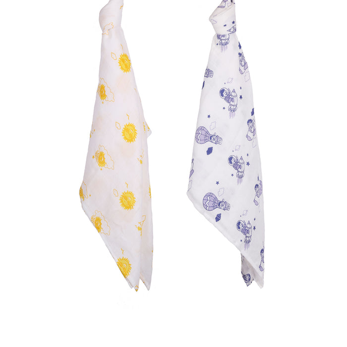 Kaarpas premium Organic Cotton Muslin Baby Wrap Swaddle With Sky Theme of Sun and Parachute, Pack of 2, (Large 120x120 CM)