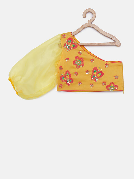 Yellow One Sleeves Sequins Choli with tiered lehenga and belt bag