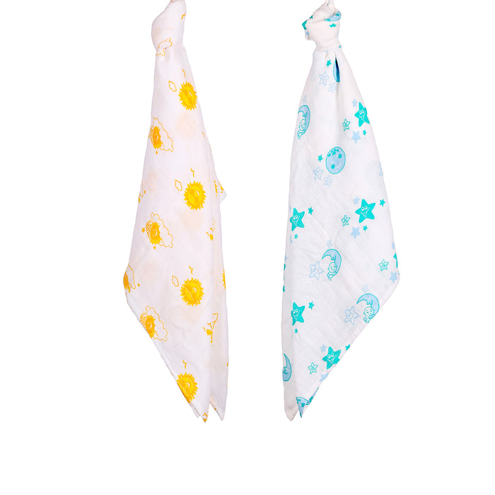 Kaarpas premium Organic Cotton Muslin Baby Wrap Swaddle With SKY Theme of Moon and Sun, Pack of 2, (Medium 92x92 CM)