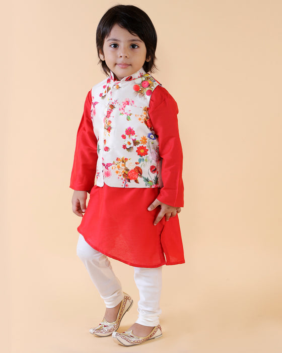 Floral Print Jacket With Orange Kurta Set | Ethnic Wear For Boys