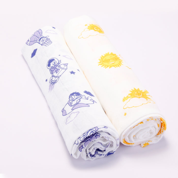 Kaarpas premium Organic Cotton Muslin Baby Wrap Swaddle With SKY Theme of Parachute and Sun, Pack of 2, (Medium 92x92 CM)